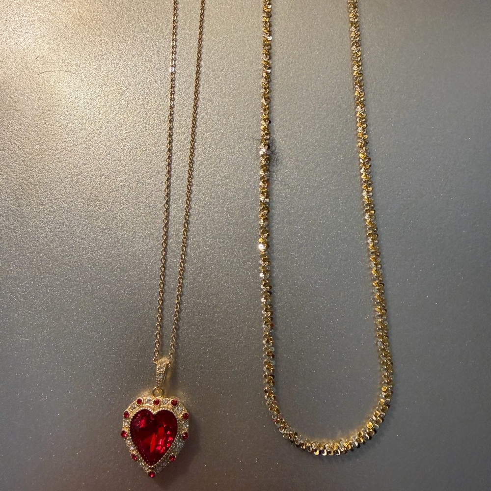 925 Sterling Silver Gold Necklace with Red Heart Pendant Set